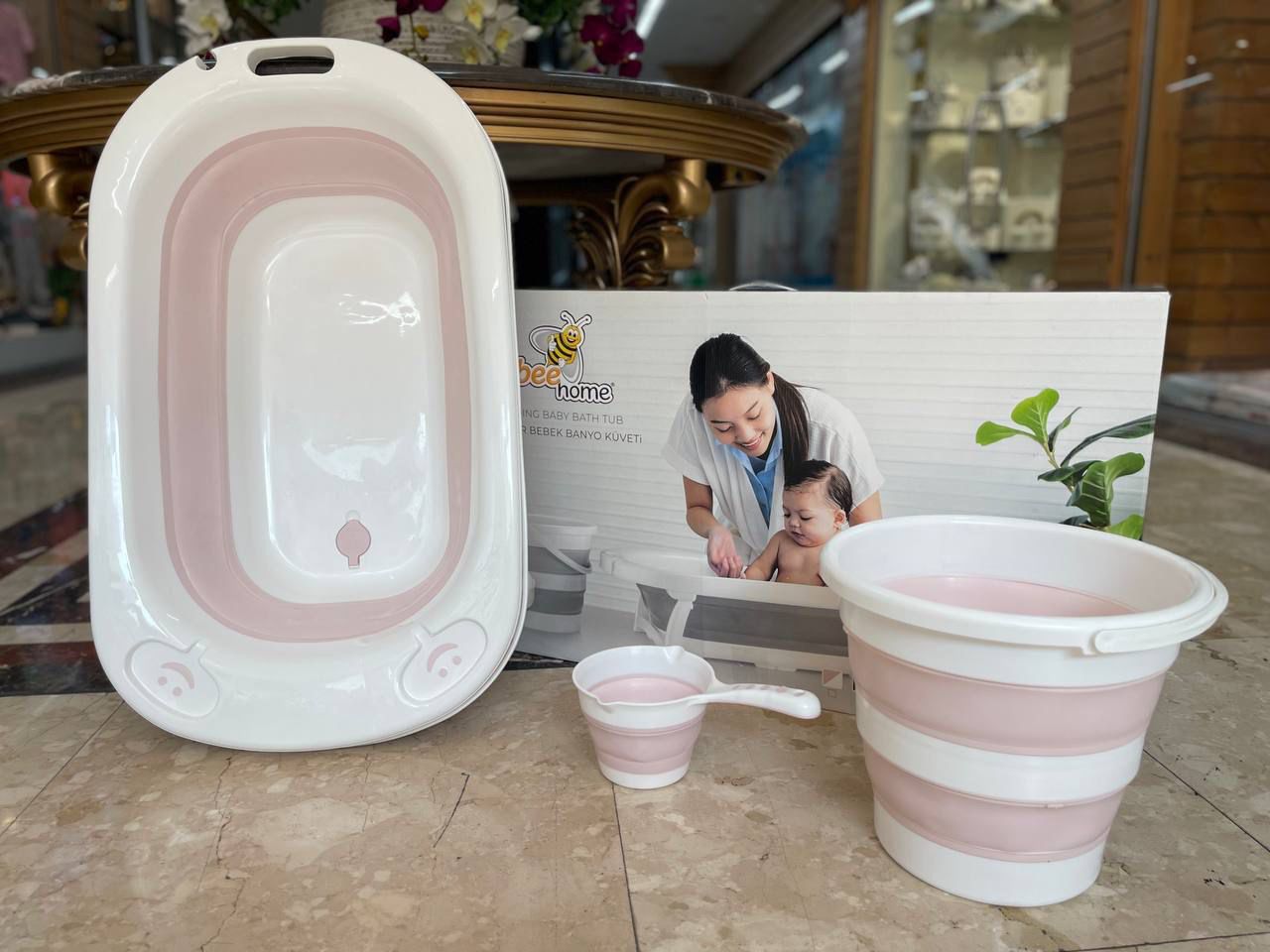 سرویس وان حمام 4 تکه آکاردئونی کودک Bee Home همراه با توری وان | وان تاشو 4 تکه ترک بی هوم