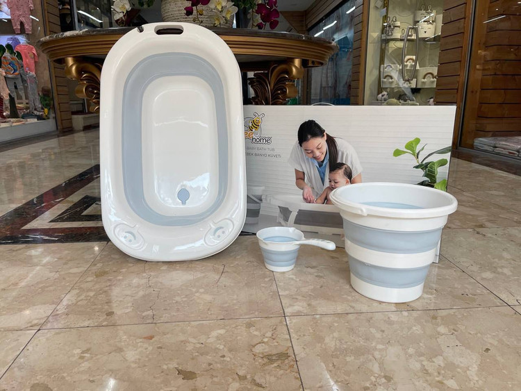 سرویس وان حمام 4 تکه آکاردئونی کودک Bee Home همراه با توری وان | وان تاشو 4 تکه ترک بی هوم