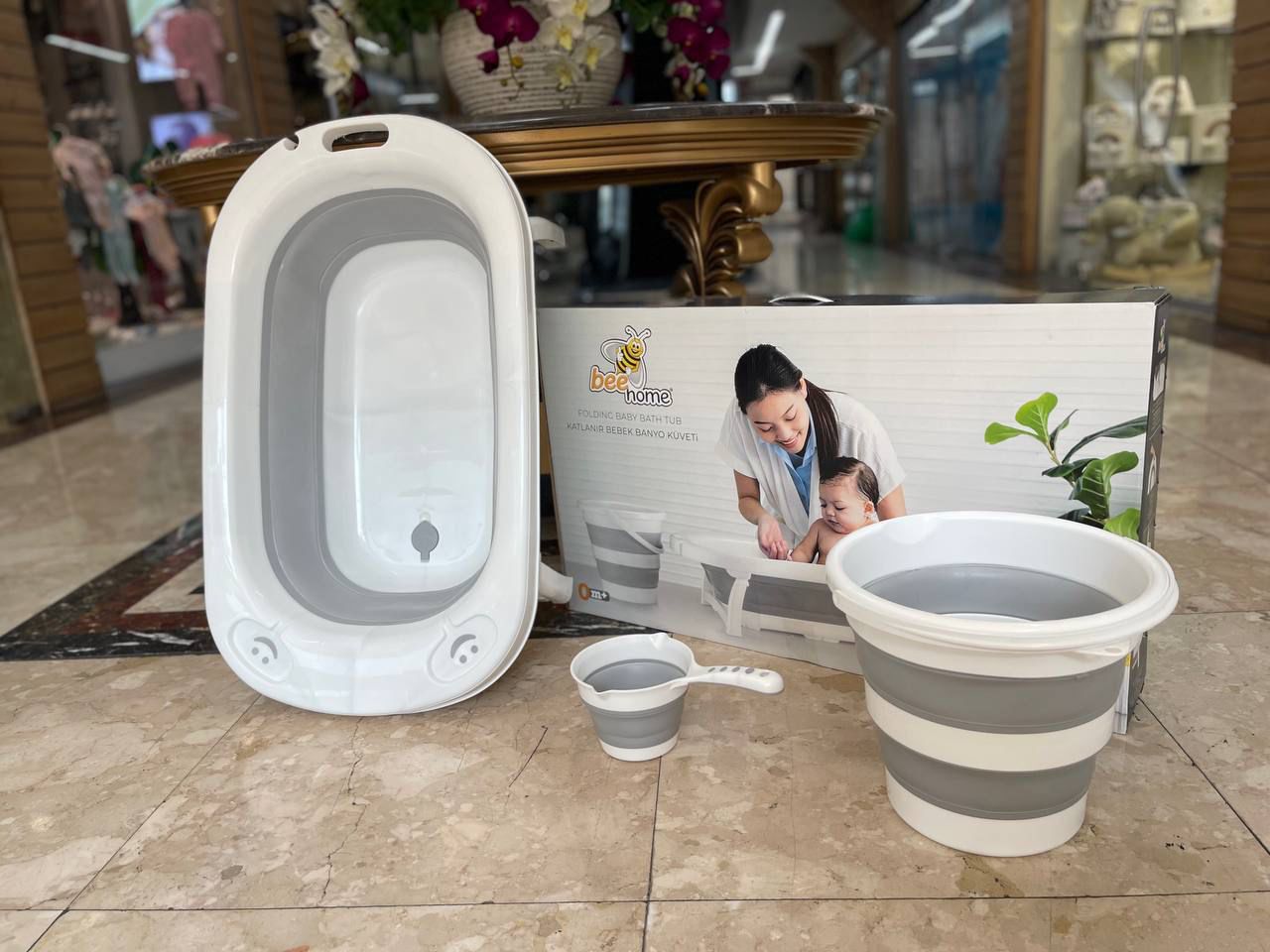 سرویس وان حمام 4 تکه آکاردئونی کودک Bee Home همراه با توری وان | وان تاشو 4 تکه ترک بی هوم