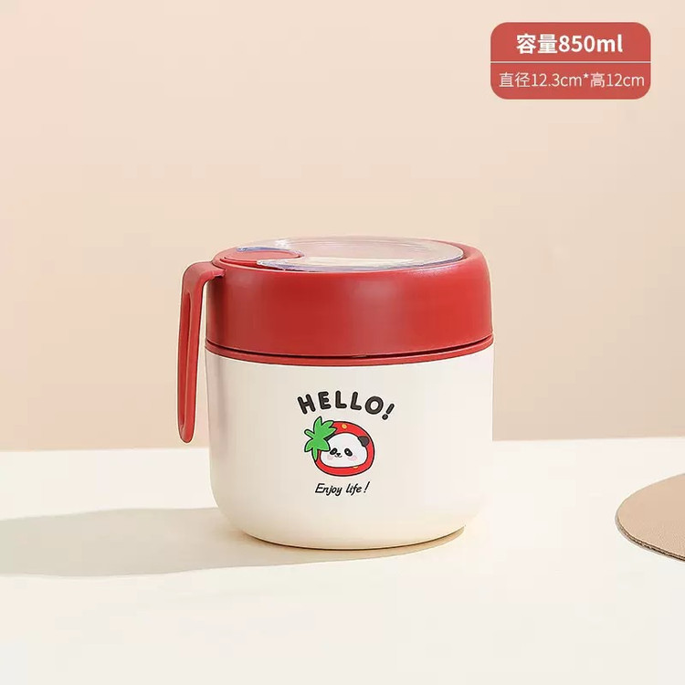 فلاکس غذا کودک طرح hello همراه با قاشق | فلاسک غذا ظرف توت فرنگی قرمز داخل استیل