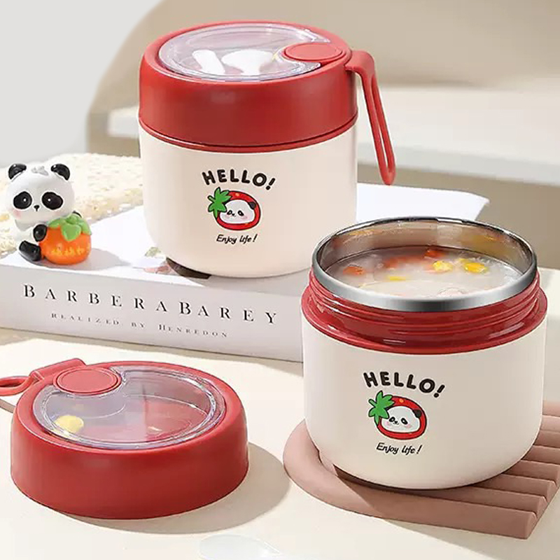 فلاکس غذا کودک طرح hello همراه با قاشق | فلاسک غذا ظرف توت فرنگی قرمز داخل استیل