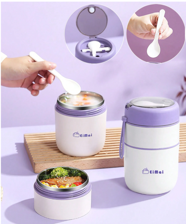 فلاکس غذا کودک طرح eimai همراه با قاشق کد 0720 | فلاسک غذا ظرف نوزاد داخل استیل